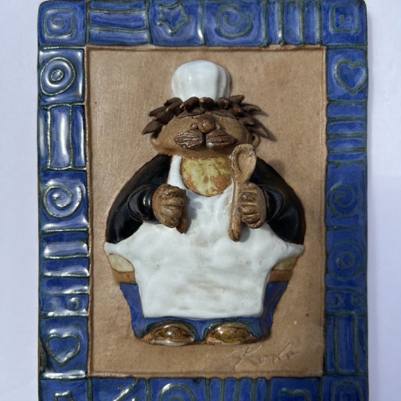 Vintage Art Tile – Signed – Plump Chef Cook w/ Mustache, Spatula, Hat – NICE 3D - Picture 2 of 8